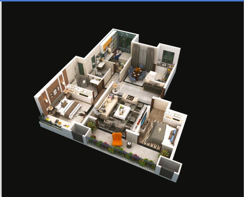 E戶型建面約124平方米，三室兩廳兩衛(wèi)